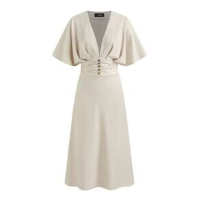 Cider Linen Blend V-Neck Solid Ruffle Ruched Midi Dress Women's 10